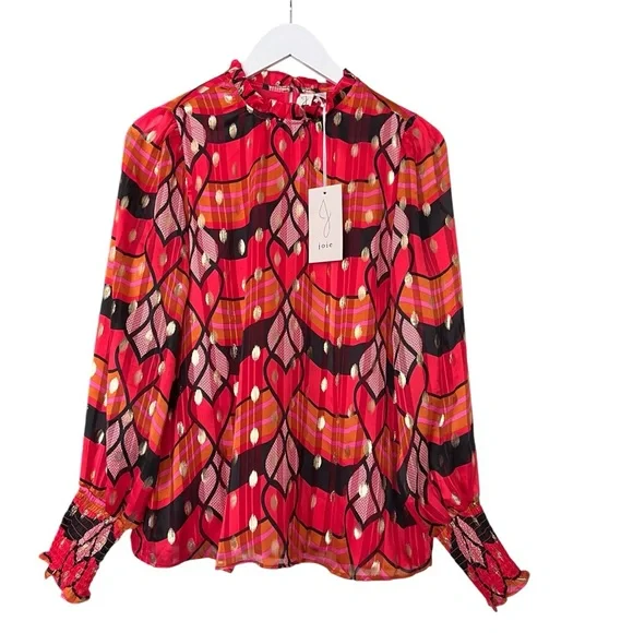 New JOIE Multicolored Ruffle Mandarin Collar Puff Sleeve Blouse Gold Accent Sz M - Picture 6 of 12